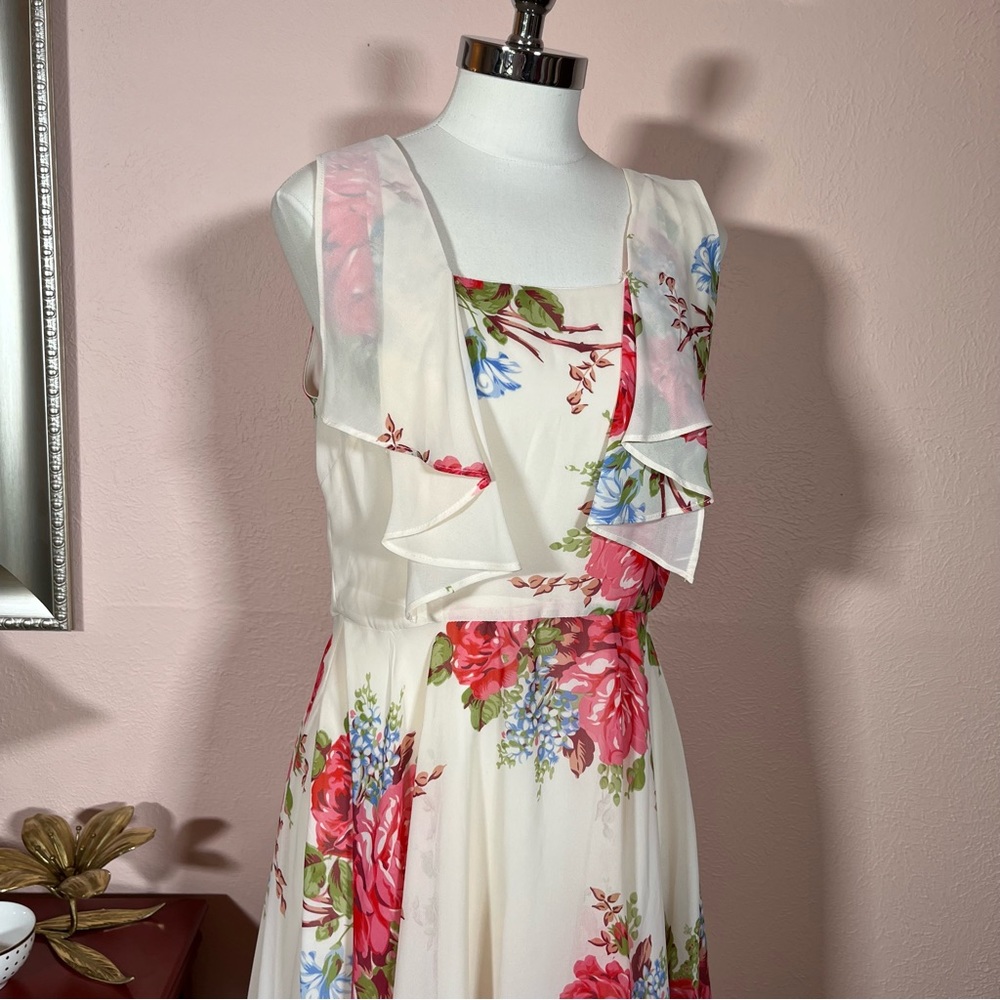 Vintage 90 Y2k Retro Betsey Johnson Cottagecore Floral ruffle Front Midi Dress - Picture 7 of 17
